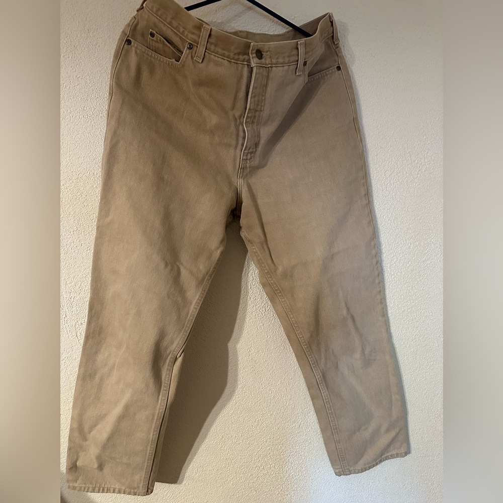Land’End Denim Jeans Women Tan 100% Cotton Straight Leg Zip Fly 5 Pocket Size 14